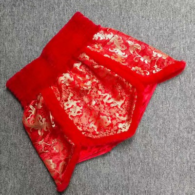 New Style Fleece Kickboxing Pants - Red Brocade with Golden Dragon & Phoenix Pattern